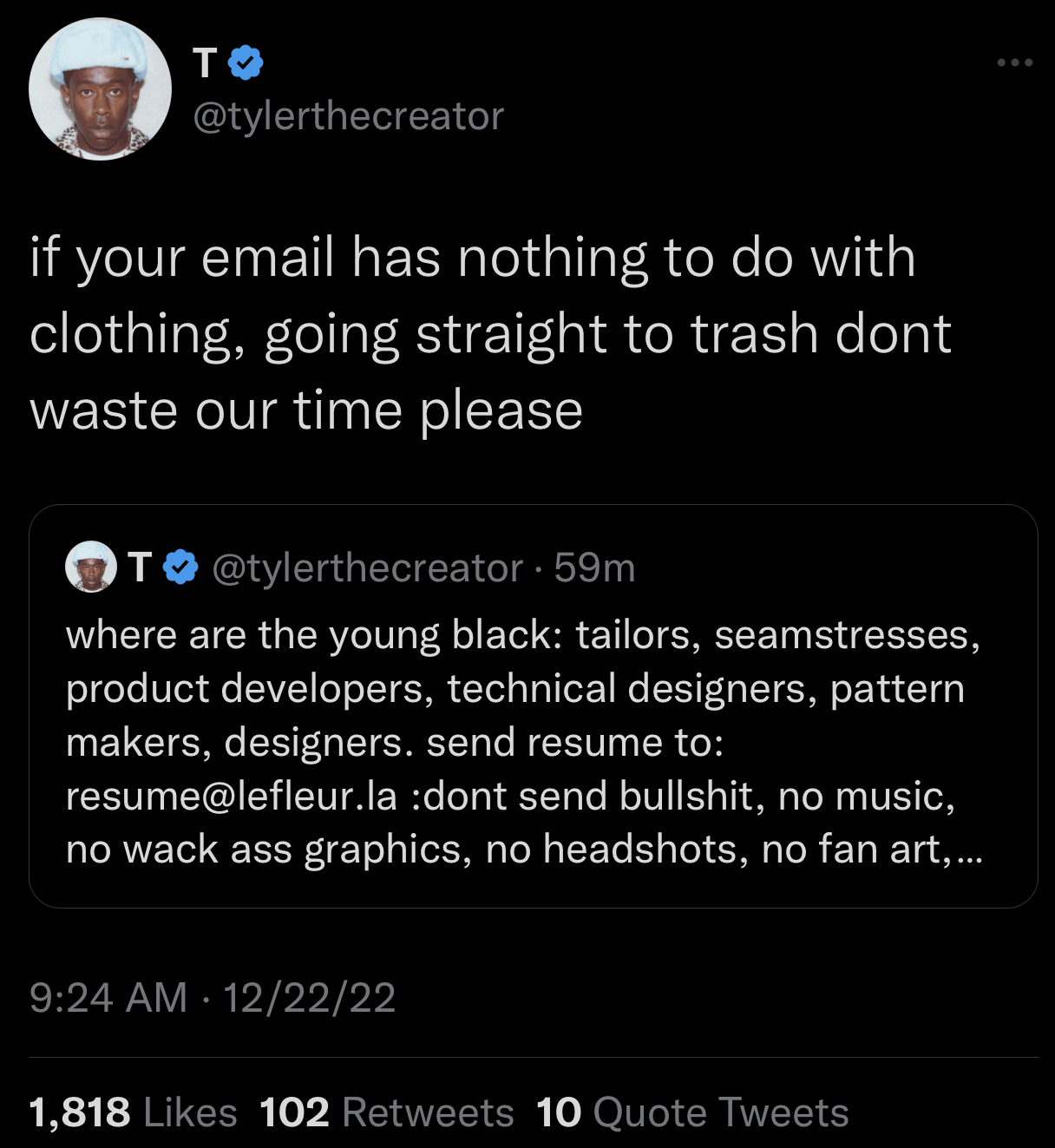 Tyler the Creator is seen tweeting