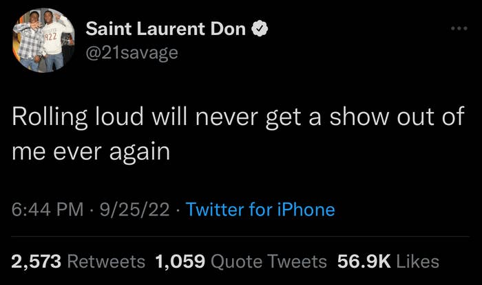 21 Savage discusses Rolling Loud in a tweet