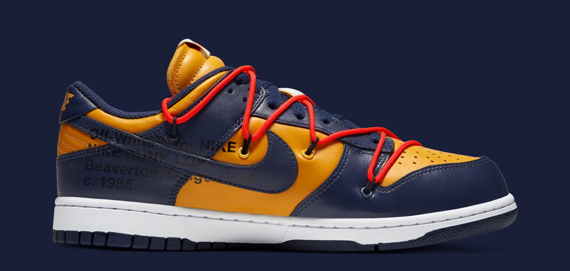 Off-White x Nike Dunk Low &#x27;University Gold/White/Midnight Navy&#x27; CT0856-700 (Medial)