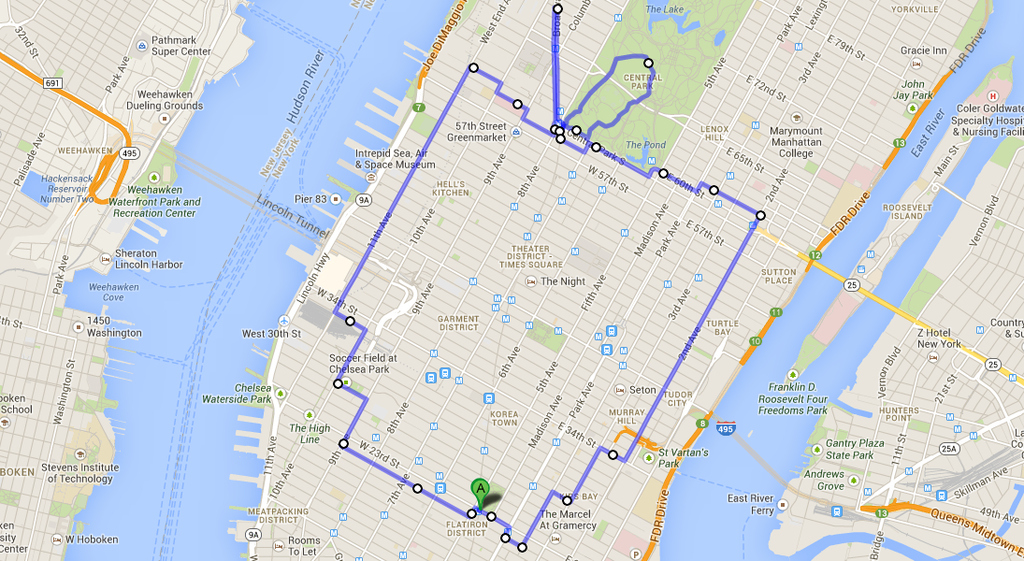 Distance: 10.0 MilesNotable stops: Madison Square Park, Columbus Circle, Central Park