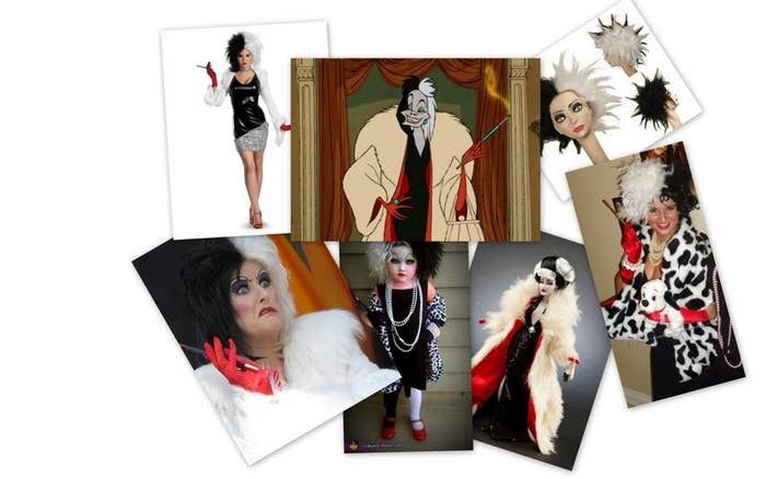 What you'll need:1. Black and white wig2. Reg gloves3. Yellow faux fur coat4. Cigarrette holder5. Dalmatian stuffed animal6. Pearl necklaceFurther DIY directions here.