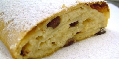 A strudel made with sweetened soft cheese (what the Germans call Quark, the Austrians call Topfen) and raisins - it's like a cheesecake strudel. Cheesecake. Strudel.There's a savoury version of this with spinach instead of raisins - a great vegetarian dish in a country that often doesn't really get vegetarianism.