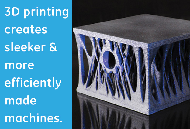 Because you only use materials that you need, you can optimize the design of machine parts. The image above is GE's lattice cube. The organic design makes it about 1/3 of the weight of a solid cube while maintaining the solid's compression strength. The part is lighter and still as sturdy as a traditional part.