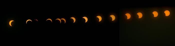 This combination image shows the transition from right to left of a hybrid solar eclipse seen over Lake Oloidien in Kenya.
