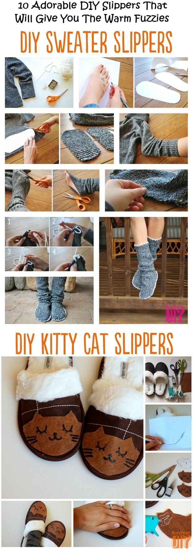 Turn your old sweater into slippers . . . regular or kitty cat.