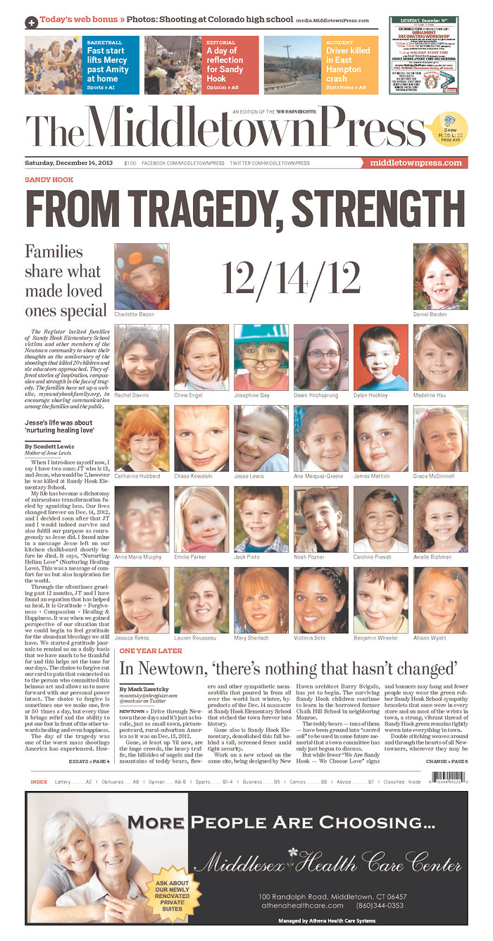 Connecticut Newspaper Front Pages Mark One Year Since Sandy Hook