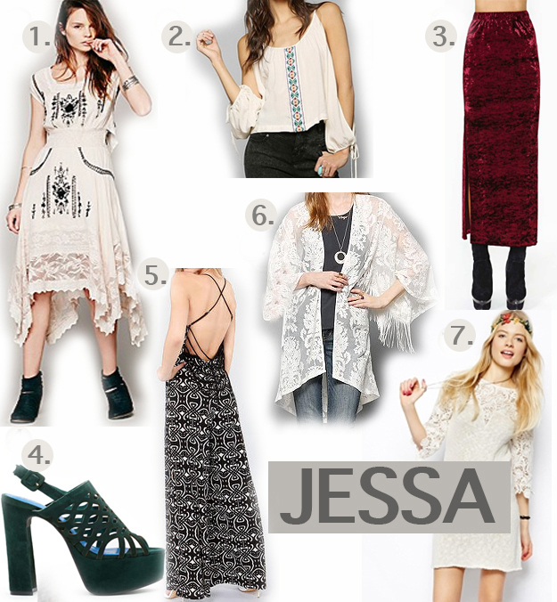 1. Romantics Delphine Dress, $228, Free People 2. Mono B Embroidered Blouse, $59, Urban Outfitters 3. Hard Crush Velvet Midi skirt, $48, Nasty Gal 4. Jeffrey Campbell Peiwei Platform Heel, $175, Nasty Gal 5. Ark & Co Printed Jumpsuit, $65, LuLu’s 6. Black Hearts Lace Kimono, $89, Urban Outfitters 7. Crochet Lace Dress, $81.67, ASOS