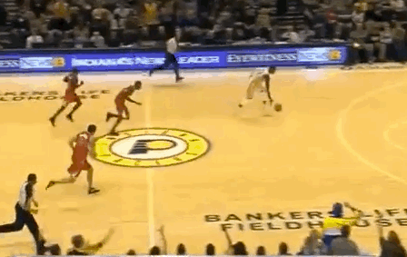 Let's start with the most recent. This is Paul George throwing down a massive 360 dunk during live play; which is rare, to say the least. There's a larger one here