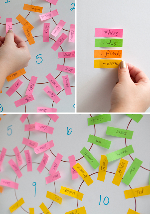 Figure out your seating chart with color-coordinated sticky notes.