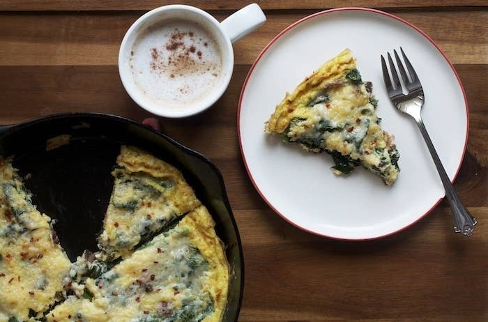 Going all-egg-white on a scramble, omelet or frittata isn't much fun for anyone, but you can cut out a lot of saturated fat and still end up with something delicious by ditching around half the yolks and adding extra whites instead.