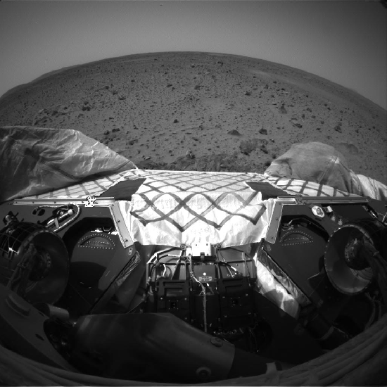 Spirit turned 95 degrees clockwise in the first and second steps in a 3-point turn that rotated the rover 115 degrees to face west from its landing position. The rover had to make this turn before rolling off the lander because airbags were blocking it from exiting off the front lander petal. Before starting this maneuver, engineers instructed the rover to cut the final cord linking it to the lander.