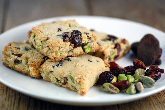 Filled with good-for-you stuff like dried fruit, nuts, and seeds. Plus, they're dense and a little less delicate than, say, a muffin (good if you plan to carry them around in your purse). Recipe here.