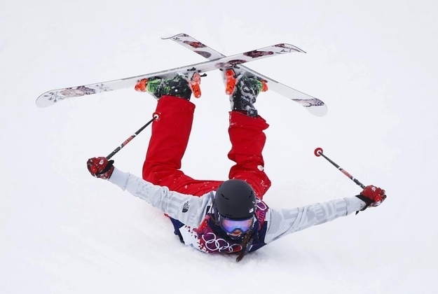 Devin Logan of the U.S. crashes during the women's freestyle skiing slopestyle finals.