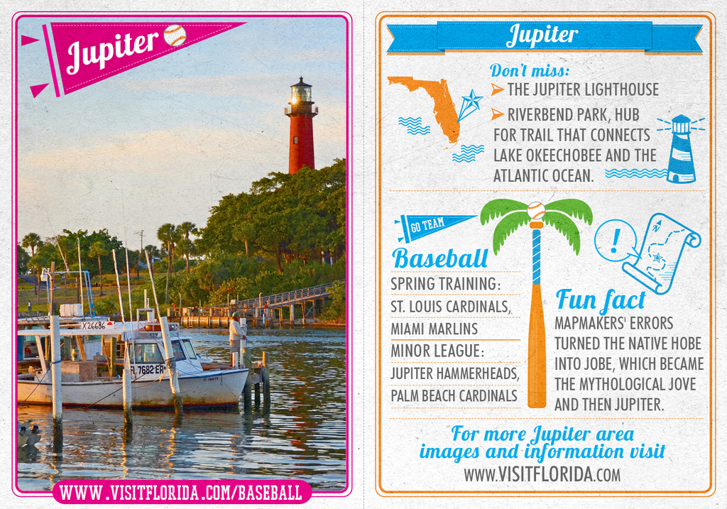 JUPITER: St. Louis Cardinals & Miami Marlins spring trainingFUN FACTS: The Jupiter Lighthouse is constructed of brick and was first illuminated in 1860. Until the early 1900s, children were commonly transported to school via a boat that would deliver them to the town dock. Lighthouse Park sits on land that was once part of Fort Jupiter, a military outpost during the Seminole Indian Wars.