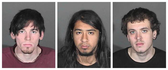 Jonathan Carl Jarrell (L), Steven Robert Aguirre (C) and Clifford Eugene Henry Jr. are seen in a combination picture of Glendora Police Department booking photos released in Glendora, Calif. on Jan. 16.