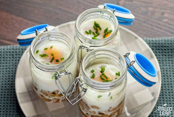 The ingredients in these aren't exactly novel (mushrooms, chives, onion, and a little bit of bacon), but baking them in a jar means that instead of wolfing them down as fast as possible at home, you can take them with you and actually enjoy breakfast. Recipe here.