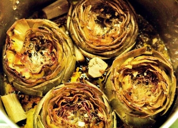 These "Roman Artichokes" are anything but antiquated. Typically a Spring vegetable, they are hollowed out and stuffed with parsley, Mentuccia (a variety of buttery Italian mint), and garlic then pan seared and braised in white wine. Wine in my vegetables? Who honestly says no to that?