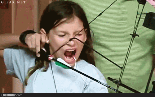 (She's pulling out her OWN TOOTH with a BOW AND ARROW.)