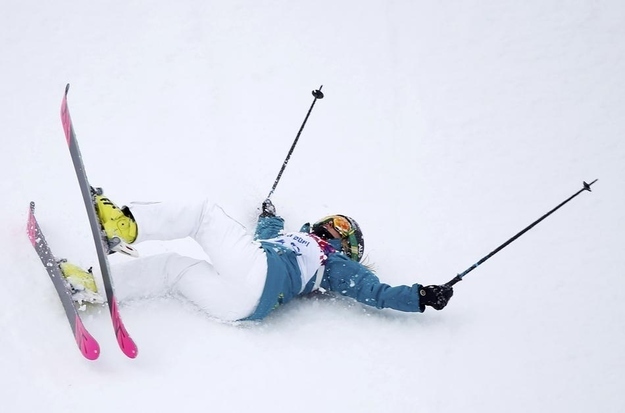 Australia's Anna Segal crashes during the women's freestyle skiing slopestyle finals.