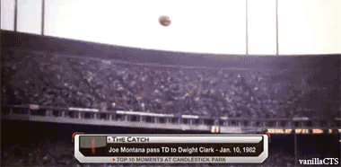 “The Catch” Joe Montana to Dwight Clark in the 1982 NFC Championship game against Dallas. It has now become iconic.