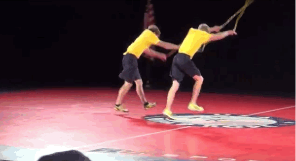A free style routine synchronized with another jumper.