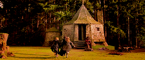 One is oversize with oversize props so that the actors would look small and the other is normal size so that the actor that played Hagrid would look like a half giant.