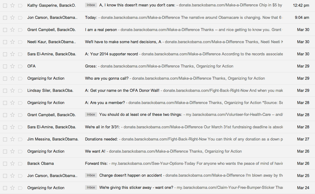 (Two of the above emails — "Forward this" and "We're giving this sticker away - want one?" — do not include donate links.)
