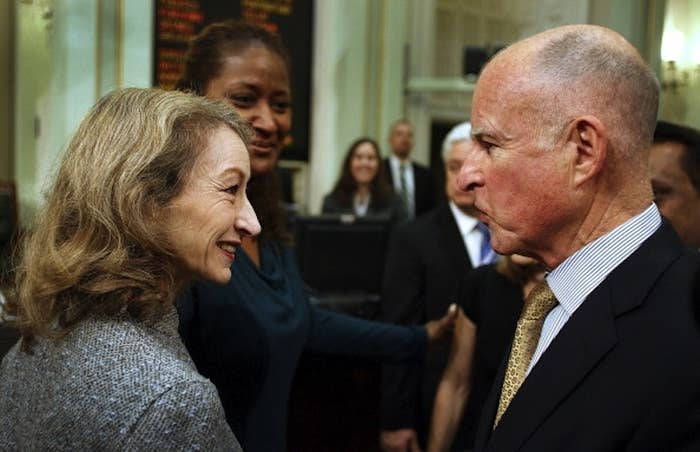 California Secretary of State Debra Bowen with Gov. Jerry Brown in January 2012.