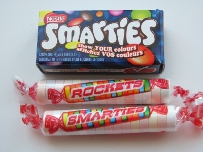 Smarties are a lot like M&M's, and rockets are what the states call smarties… kind of confusing.