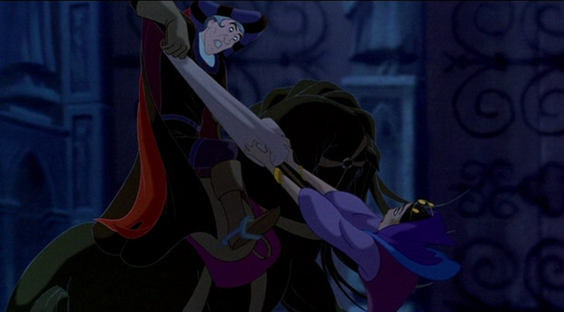 Quasimodo, from the Hunchback of Notre Dame, didn't end up in that bell tower of his own accord. Frodo, a supposed godly man, felt guilty because he pushed Quasi's mom down on some snowy steps, where she "slipped" and cracked her skull.