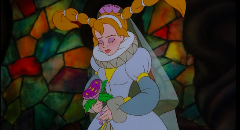 Soon enough, they force Thumbelina to wear a hideous wedding dress. 