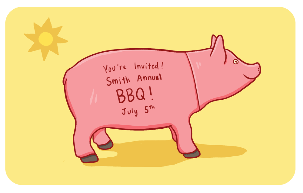 A plastic pig could be a great invitation to a summer BBQ, or a plastic dinosaur could be a fun party invitation.