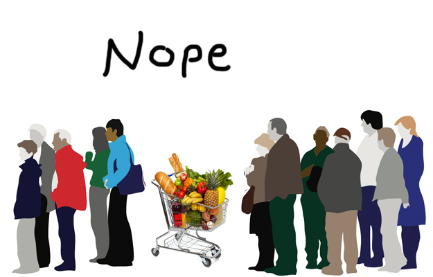Sometimes in grocery stores with an epic line (ahem, Manhattan Trader Joe's) someone will try to save their place in the line by leaving their cart or basket full of groceries just sitting there alone while they go pick up the thing they forgot. For the record, none of us are obligated to honor that as a legitimate placeholder. If the line moves forward, just walk right around it because no. Lines are for things made of flesh and blood and your box of arugula cannot serve as your advocate.Minus 10,000 points if you leave your baby alone in the line to save your place. Because guess what. I'm going right ahead of your baby and your baby can't say nothin'. Also, WHAT ARE YOU DOING?