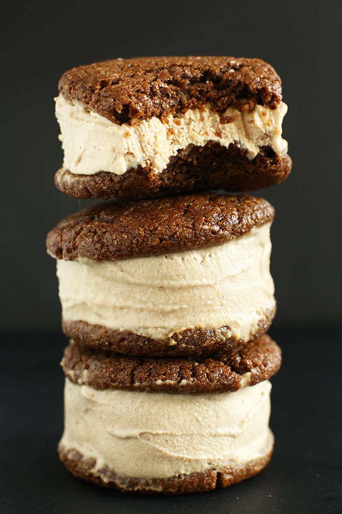 Vegan chai ice cream gloriously squished between gluten free ginger cookies. here.