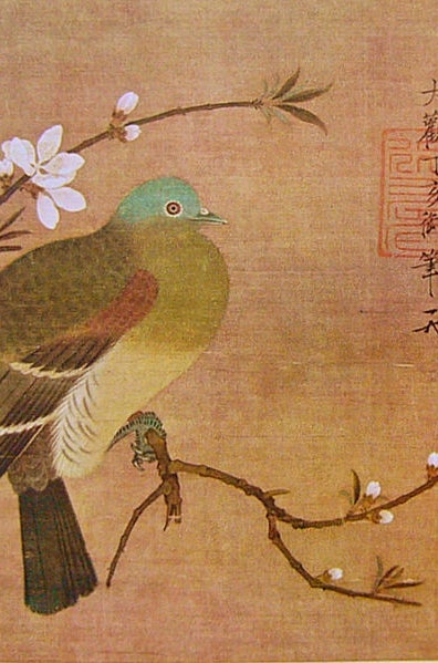 Pigeon on a peach branch, Emperor Huizong, Northern Song Dynasty, 1108 or 1109 C.E.