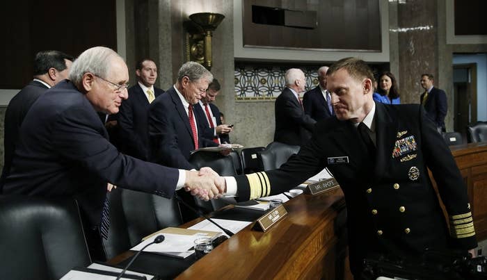 Vice Adm. Mike Rogers (right) meets with Senate Armed Services Committee Chief Sen. Carl Levin (left) ahead of Rogers' confirmation hearing March 11 to become the new head of the National Security Agency and U.S. Cyber Command.