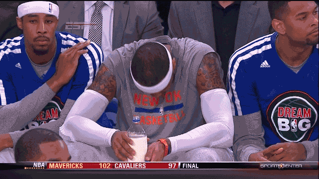 The Knicks have been hilarious to watch this season, but nothing has been more enjoyable than Carmelo blatantly displaying his disgust on the bench. Anthony set the Knicks franchise record with 62 points against the Charlotte Bobcats in January and is currently the No. 2 scorer in the NBA with 28 ppg. He also leads the league in frowns.