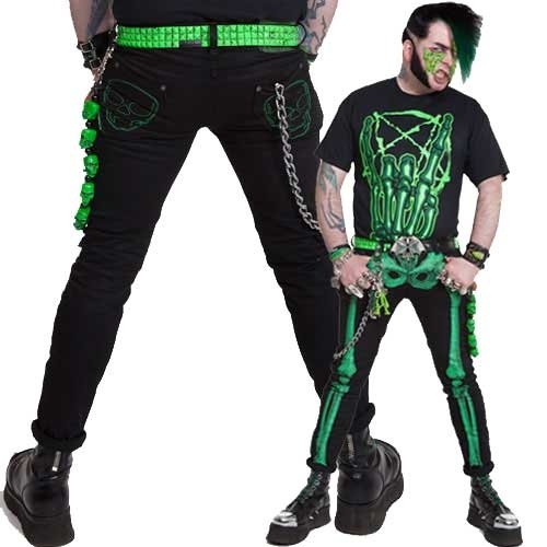 Bright green is also popular in Deathrock, Gothabilly's slightly edgier, punkier cousin.Green Skelebone Skinny Jeans, £40 (Kreepsville 666)
