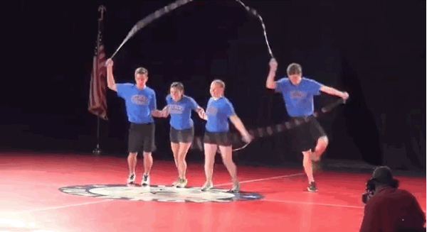 A Double Dutch freestyle routine using four jumpers.