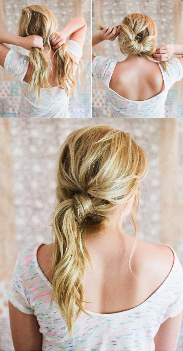 Just split, knot, and then hold it in place with a bobby pin. Instructions here.