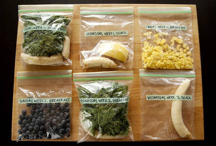 Use a pint-sized freezer bag for each, and label it with the meal, day, and week it'll be used for.1. 