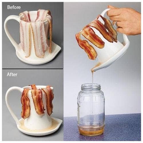1. Drape bacon over sides of the mug-like contraption2. Microwave that shiz3. Remove, pour grease out (save if desired) and eat your baconBuy it here for $12.97.