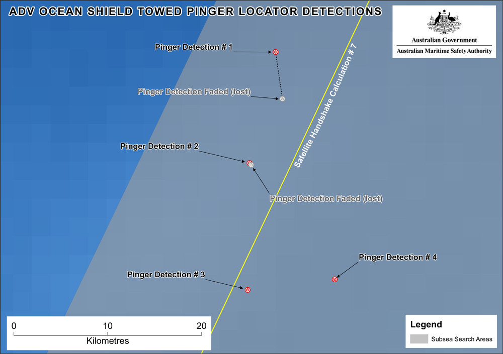 A close-up map of the area where an Australian ship detected signals consistent with a plane's black box during the search for Flight MH370.