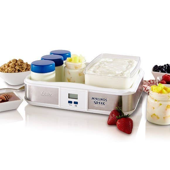 Never buy another pricey Chobani again by making your own stash of Greek yogurt. This machine comes with a strainer, 1-quart plastic container with lid, and six 7-ounce jars with lids to produce one large batch or individual servings of yog'. Buy it here for $59.99.