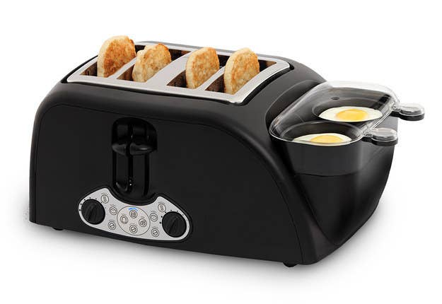 Toast four slices of bread WHILE poaching or hardboiling eggs. Buy it here for $99.99.