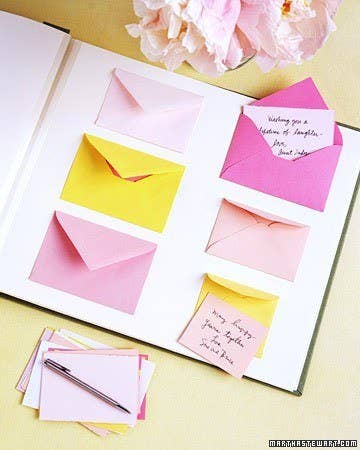 Have guests write down their words of wisdom on notecards or pieces of paper, and store them in pretty envelopes or a notebook for the mom-to-be. This blogger had the idea to adapt Martha Stewart's wedding album for this purpose.