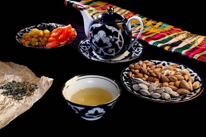 It's imperative to try Uzbek tea, which comes in a wide assortment of green, black, and herbal varieties, and is served with ceremonious care. You can also try a Bukharian Jew specialty called Chai Kaymoki - green tea mixed with milk and butter and sprinkled with almonds.
