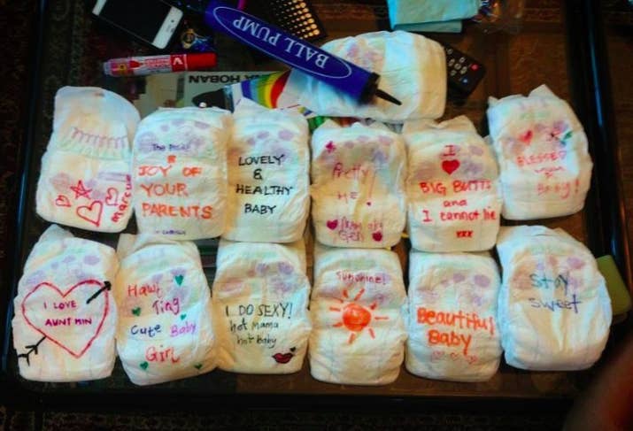 A gift that'll make the mom-to-be's endless changing sessions a bit easier to bear: have guests write funny messages on a bunch of diapers.