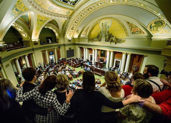 Medical marijuana advocates watch as the Minnesota House of Representatives vote on a bill that would legalize marijuana use for medical reasons at the Capitol in St. Paul, Minn. on May 9, 2014.