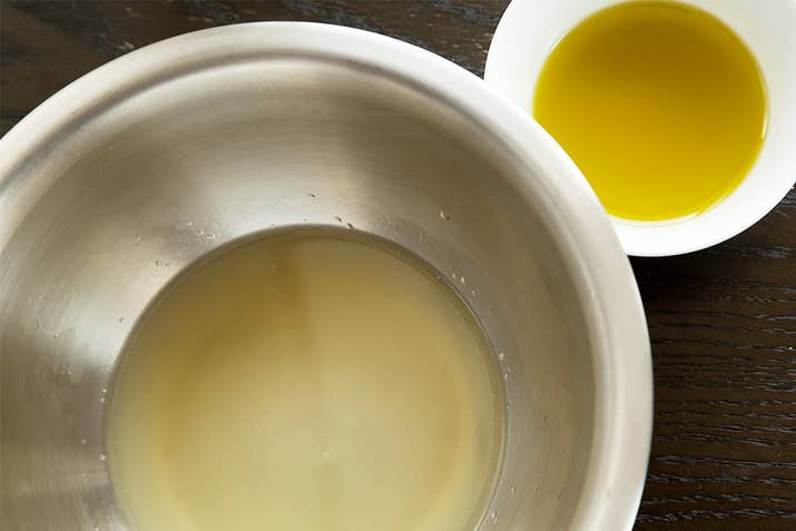 When you make a vinaigrette, it's important to start with all of the ingredients except the oil in a mixing bowl that's big enough to allow for serious whisking.